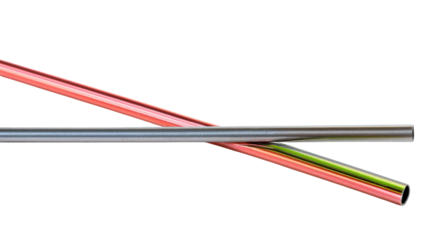 Set of two reusable stainless steel straws isolated on a white or transparent  background 