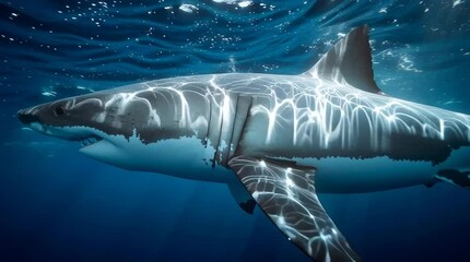 Great white shark underwater ocean predator wildlife marine animal sea dangerous teeth swimming nature view