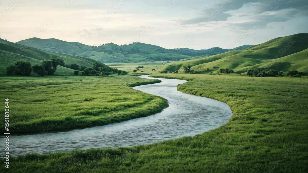 Poster a river runs through a grassy field. the grass is green and the sky is cloudy. there are no trees in