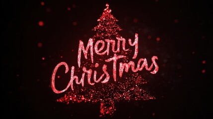 Sparkling "Merry Christmas" text in red glitter forming a festive tree shape on a dark background.
