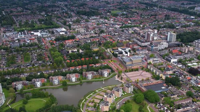 An panorama Aerial view of the old town of the Drachten city Groningen in the Netherlands on a sunny day in summer.