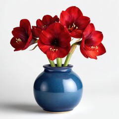 Vibrant red amaryllis flowers in a blue vase isolated on white background