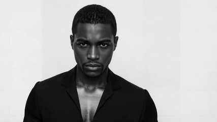 Pulling back camera revealing model upper torso for portrait session in studio, with black blazer - Powered by Adobe