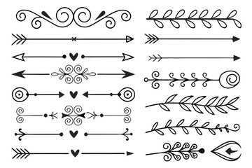 Fototapeta premium Decorative Divider Set Featuring Hand-Drawn Arrows, Curves, and Floral Ornaments. Elegant Black Vector Accents for Layout Design, Branding, and Invitations.