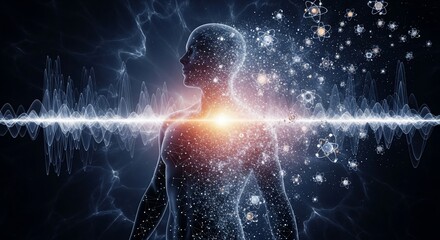 Abstract Human Form Intertwined with Cosmic Energy and Sound Waves