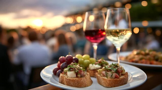 Close-up of aperitif platters featuring bruschetta, grapes, and wine flutes glinting in the sunset, while friends laugh in the blurred background.