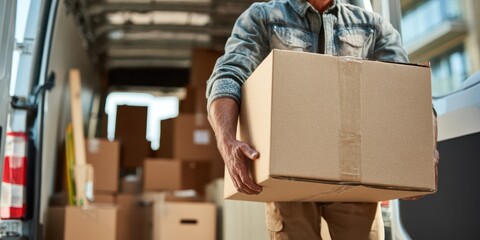 Housing moving checklist planning concept. Delivery person carrying a box from a van filled with packages.