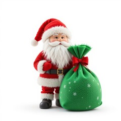 a cartoon Santa clause standing with big green bag gift isolated on white background. Christmas Cheer and Festive Celebration