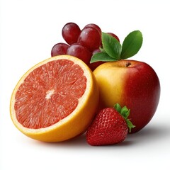 Assortment of fresh fruits including grapefruit apple grapes and strawberry isolated on white background