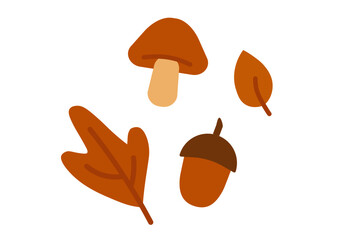Autumn Nature Elements Set (Mushroom, Acorn, Fallen Leaves)
