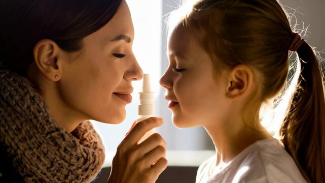 Mother applying nasal spray to her little daughter's nose to treat a cold or allergy for health care routine