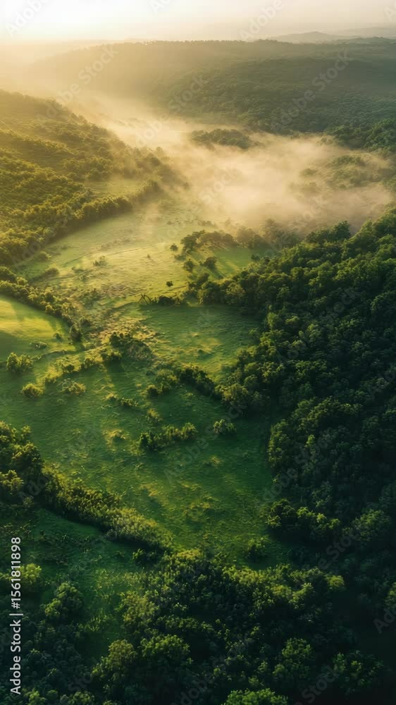 Poster a forest with a green field in the middle. the field is surrounded by trees. the sky is cloudy and t