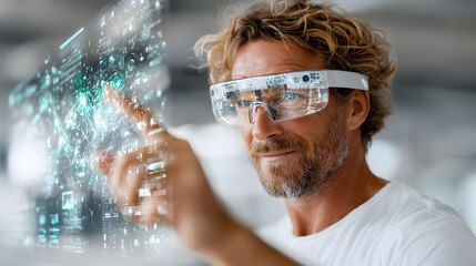 Man wearing augmented reality glasses interacts with digital interface, showcasing innovative technology and futuristic concepts in a modern workspace. Selective focus