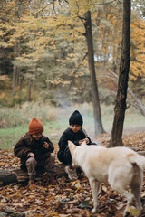 two girls aged 7 and 4 sit on a log in the autumn forest in front of a small fire during an evening family walk