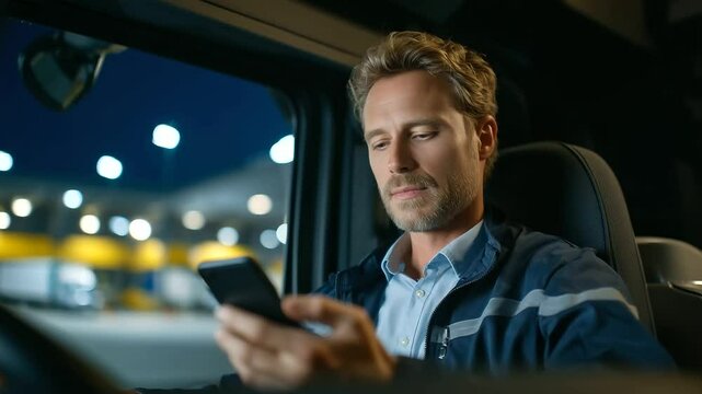 Driver gazes at map app on phone while fueling semi-truck, glowing dashboard and depot lights illuminating his focused face.