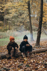 two girls aged 7 and 4 sit on a log in the autumn forest in front of a small fire during an evening family walk