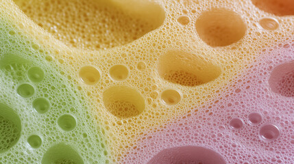 Colorful soap bubbles create a vibrant abstract background with various shades of yellow, green, pink, and orange, showcasing texture and depth in a playful composition