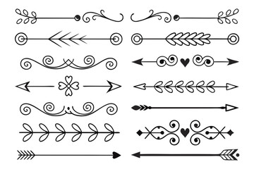 Fototapeta premium Ornamental Divider Set with Elegant Arrows and Swirls in Hand-Drawn Black Vector Style. Floral Motifs for Layout Design, Cards, and Invitations.
