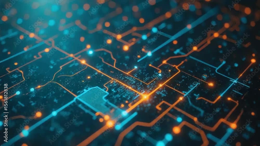Poster abstract circuit board lines and glowing dots close-up