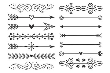 Obraz premium Hand-Drawn Decorative Divider Set with Elegant Swirls, Arrows, and Floral Ornaments in Black Vector. Ideal for Layouts, Cards, and Creative Projects.