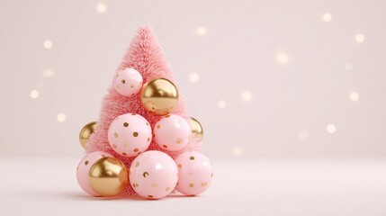 A pink tabletop Christmas tree adorned with pink and gold polka dot ornaments, set against a soft, blurred background with bokeh lights.