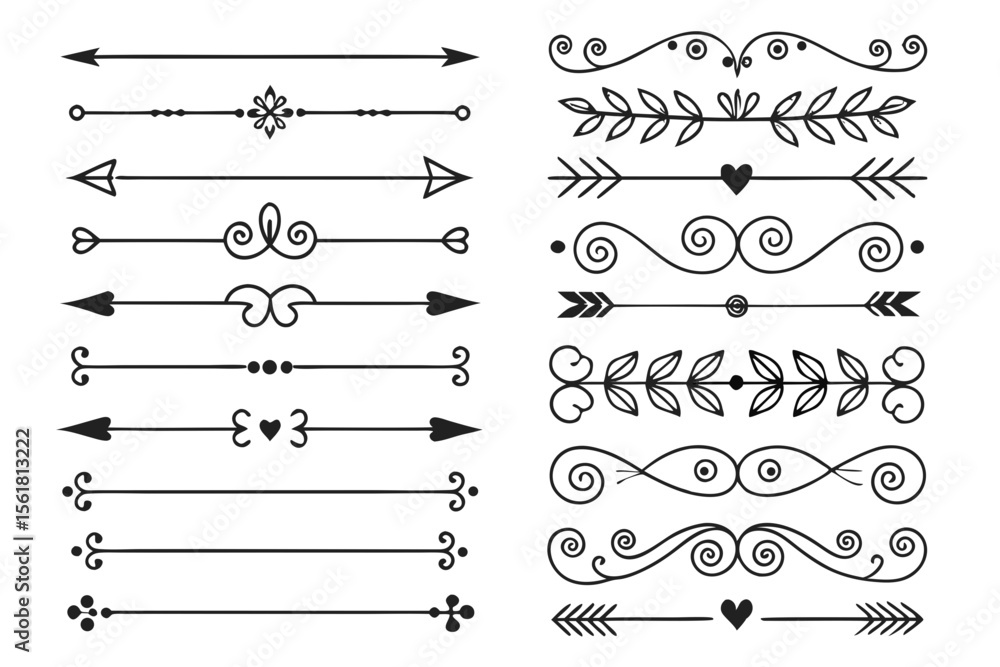 Fototapete elegant floral and arrow decorative divider elements in black vector style. ornamental borders and w