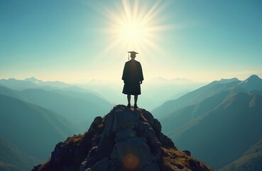 Graduate silhouette stands mountain top reaching sun. Symbolic journey represents education achievement ambition success future discovery. Exploration adventure concept represents ambition travel.