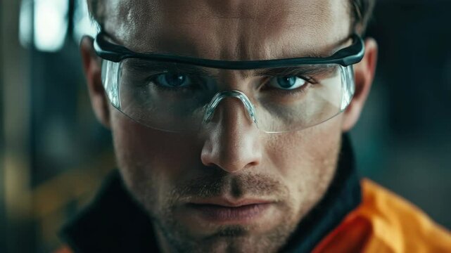 A man in a construction or industrial setting wearing safety goggles, suggesting confidence and adherence to necessary safety measures.