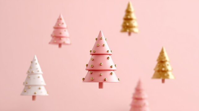 Multiple small green Christmas trees hanging from ceiling in indoor festive decoration, daylight setting.