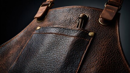 Leather apron with tool, showing detail, likely for cooking or crafts, dark background