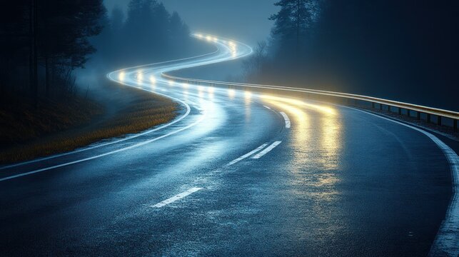 Winding road at night, misty forest, wet asphalt
