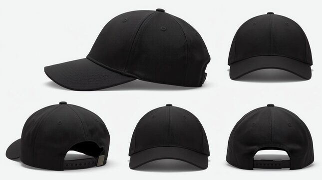 Cap mockup set. Isolated realistic black baseball cap hat templates. Front, back and angle view of adult man caps mockup collection - Powered by Adobe