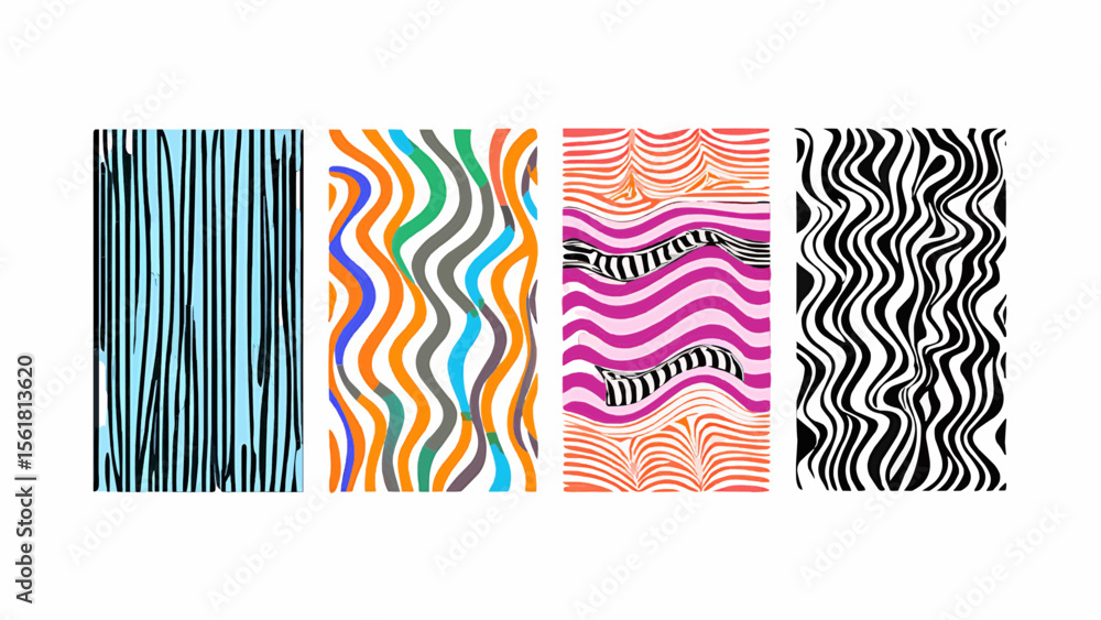 Poster Four abstract panels displaying various vertical line and wave pattern designs in different colors