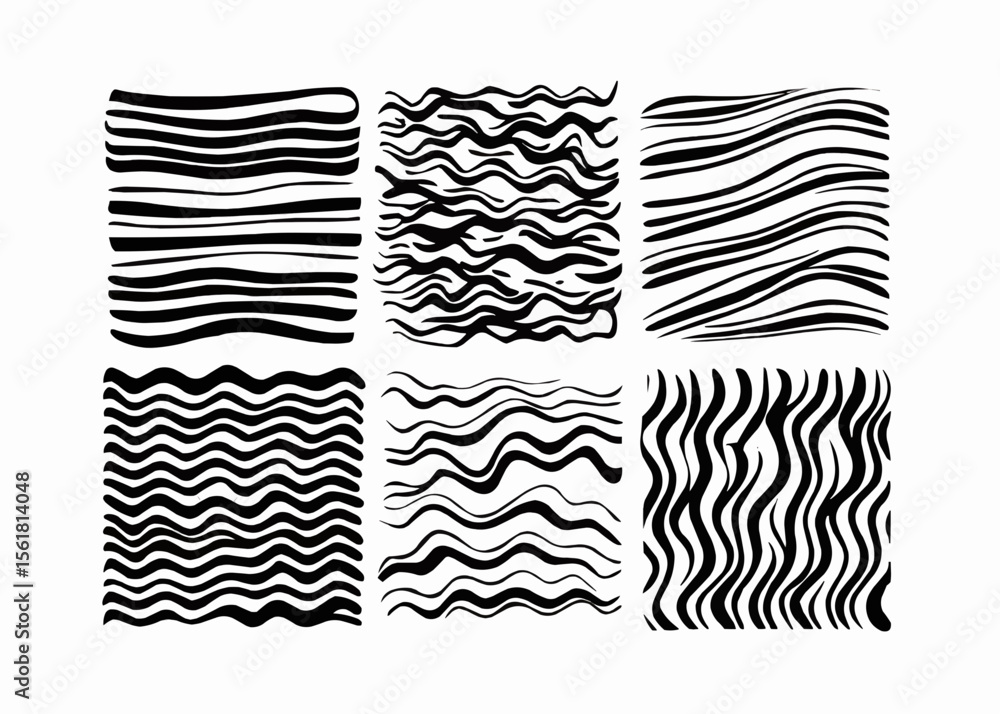Poster Six square patterns with varying black wavy and straight lines on a white background design set