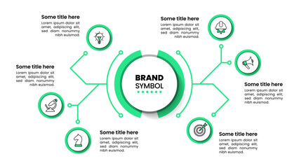 Infographic template. Green circle with line and 6 icons