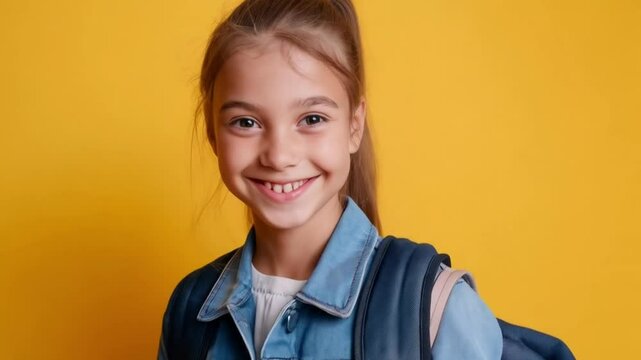 Portrait of a smiling girl with a backpack against a bright yellow colored studio background looking forward