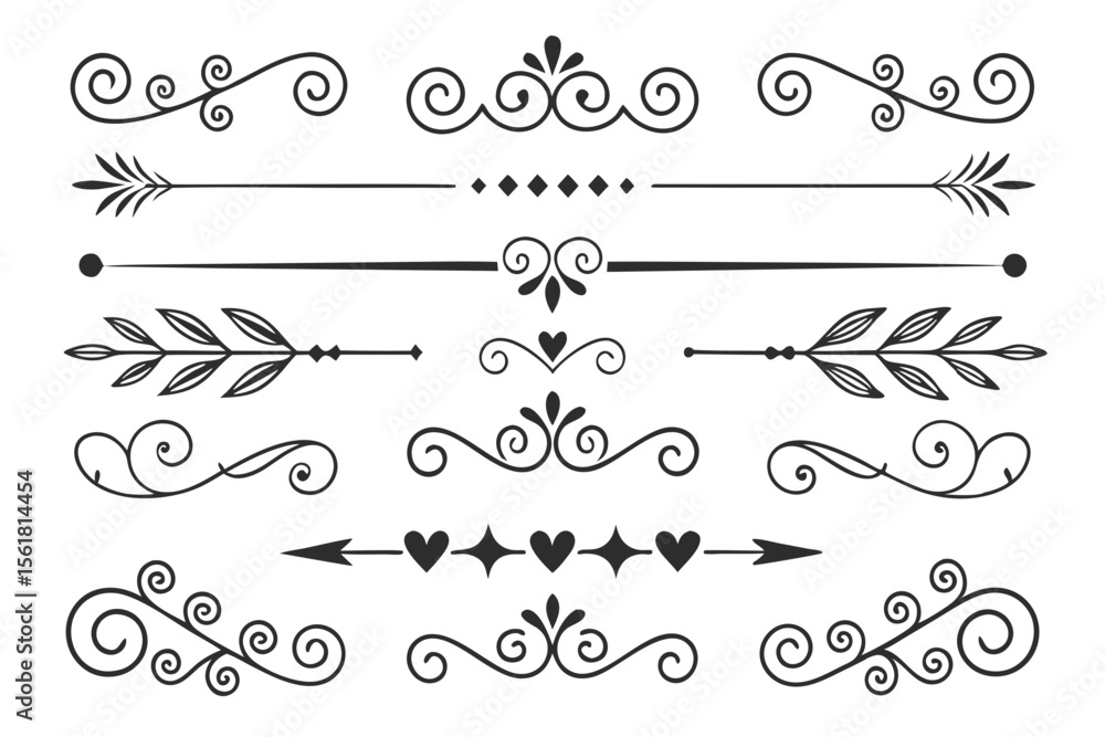 Fototapete floral and arrow decorative divider collection in elegant line art. black vector design elements fea