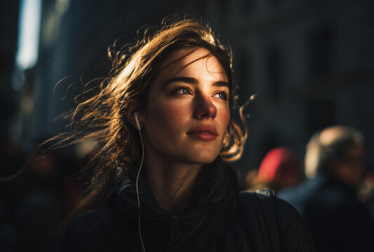 Thoughtful Young Woman with Earbuds Walking in City Sunlight