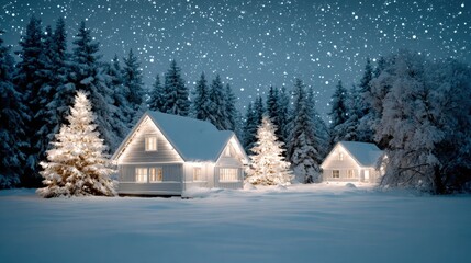 Snowy winter scene with illuminated houses and trees under a starry night sky, creating a serene and festive atmosphere.