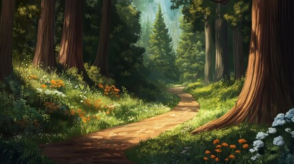 A winding path through a vast redwood forest