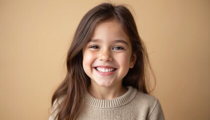 Portrait of adorable little girl with toothy smile. Brunette child wears neutral clothes. Happy kid poses against beige studio background. Joyful kid with brown hair expresses happiness, positivity.