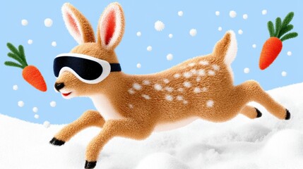 Obraz premium A playful cartoon deer wearing goggles leaps through snowy terrain with floating carrots and snowflakes in a whimsical winter scene.