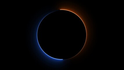 A bright glowing blue and  orange neon ring on a black background illustrating technology light energy circle science concept and futuristic design element