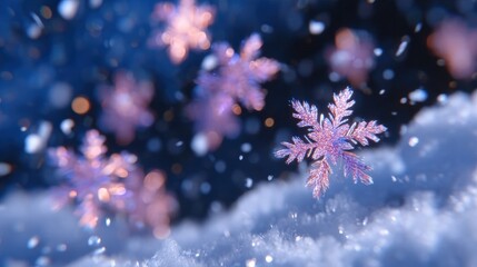 Close-up of delicate pink snowflakes falling on a snowy surface with a blurred snowy background, creating a dreamy winter scene.