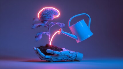 Abstract futuristic hands supporting a brain with a sprout, illuminated by a neon watering can pouring light, symbolizing growth mindset and continuous ... .
