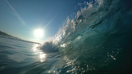 An ocean wave. Sea-level view, a low-angle shot of a splashy surf of a large wave. Element. Curler. Ridge of wave