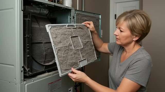 Woman replacing dirty air filter.