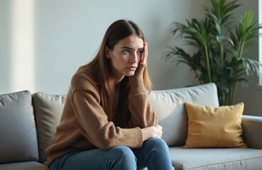 Depressed woman sits on couch at home, overthinking. Emotional distress, mental health concept. Sad female with headache, anxiety, sadness. Home interior, loneliness, sorrow, grief, psychological