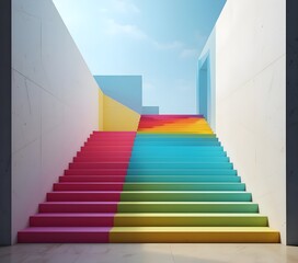Fototapeta premium A surreal painting of stairs leading to the sky, with each step painted in a different bold color, surrounded by geometric floating shapes.