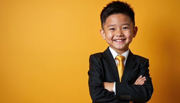 Young, confident boy dressed business suit with crossed arms smiles. Happy child in formal attire, yellow tie, white shirt. Businessman child concept against plain, orange background.